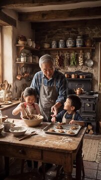 East Asian grandfather baking chocolate cookies with young grandchildren