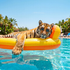 Obraz premium Cool tiger wearing sunglasses relaxing on inflatable float in swimming pool for summer vacation chill mood funny wildlife and tropical resort holiday concept