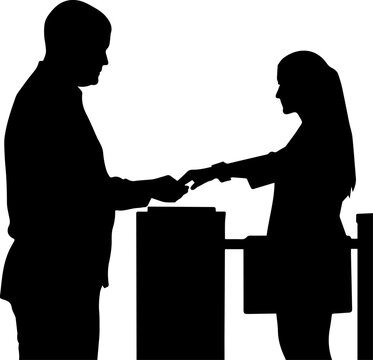 Black silhouette of a man and woman at a security gate turnstile entrance