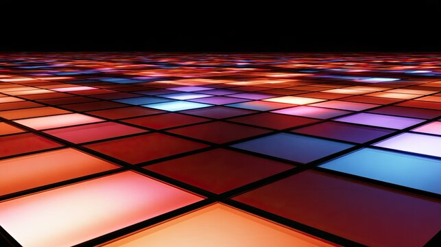 Illuminated grid of glowing, multi-colored squares recedes into darkness