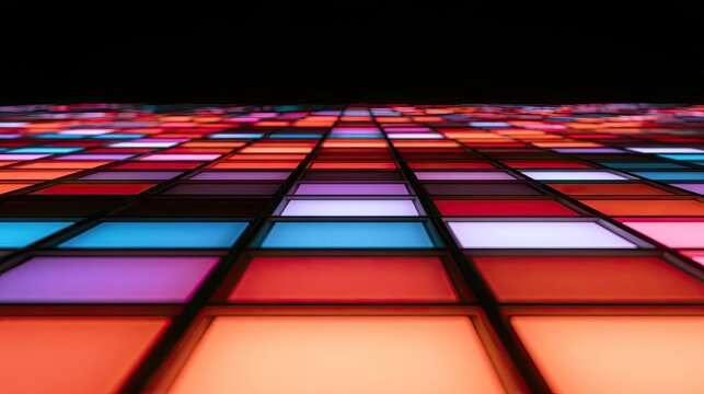 Illuminated tiled floor with a vibrant gradient of colors receding into darkness