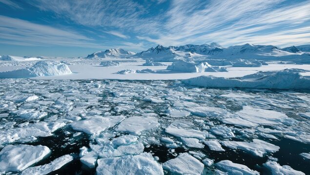 Chunks of ice float in dark water, with a vast frozen landscape and mountains
