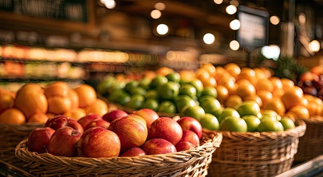 Woven baskets brimming with vibrant apples, oranges, and green fruit