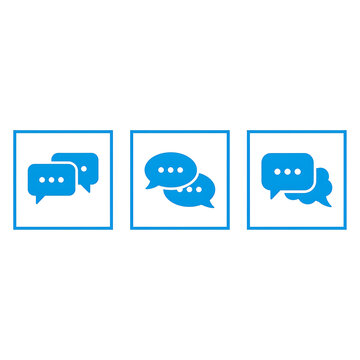 Chat Icon Set of Three Blue Speech Bubble Icons with Ellipses Inside Square Frames for Messaging and Social Media Communication Design