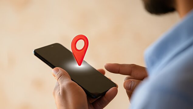 A person's hands hold a smartphone with a glowing red location pin above the screen