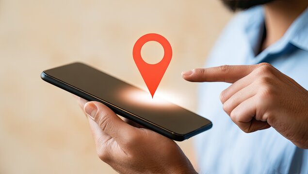 Hand holding smartphone with glowing map pin icon