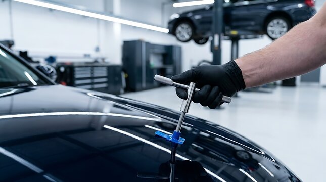Car body specialist utilizes specialized paintless dent puller on dark vehicle hood to remove surface imperfections inside bright automotive service garage.