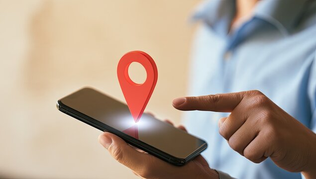 Person's hand holding smartphone with a glowing red location pin on screen