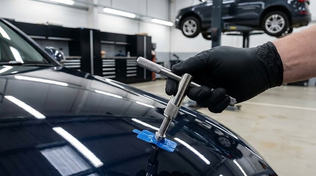 Mechanic hand in black glove using paintless dent repair tool on dark blue car hood to restore smooth metallic body surface inside modern auto workshop.