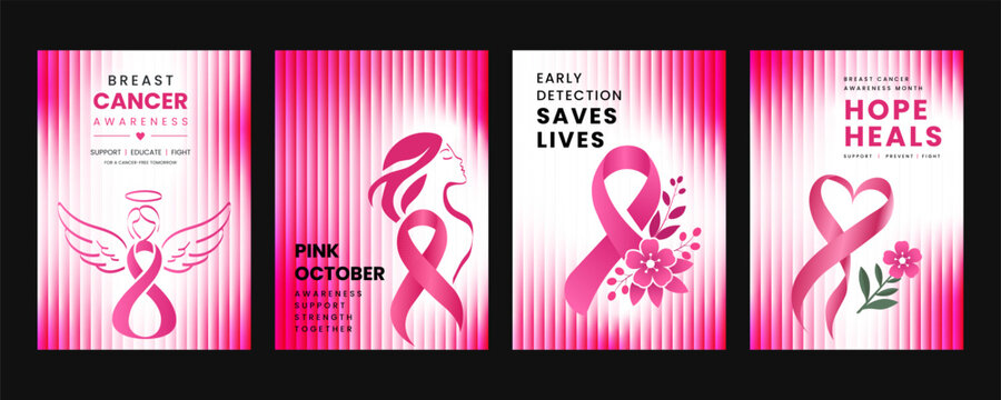 Pink October Breast Cancer Awareness Four-Part Poster Bundle with Ribbon, Floral, and Angel Graphic Motifs for Healthcare and Charity Campaigns