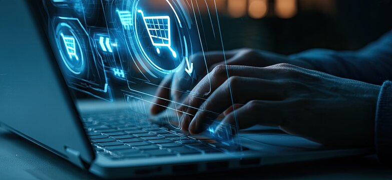 Hands typing on laptop with digital shopping cart interface overlay