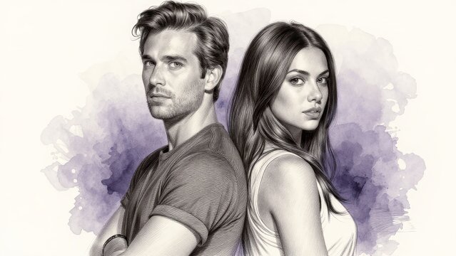 Portrait of Two Young People Back to Back with Artistic Background