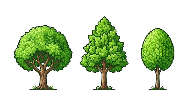 Set of three vector green deciduous trees with lush foliage and brown trunks, isolated on white background for design elements and nature concepts