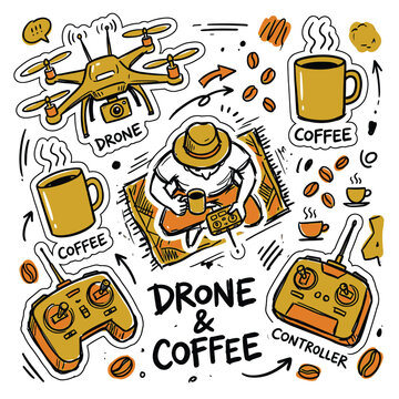 Hand-drawn drone and coffee collage illustration with mustard yellow accents on white background. Features quadcopters, controllers, mugs, and 'Drone & Coffee' hand-lettering text.