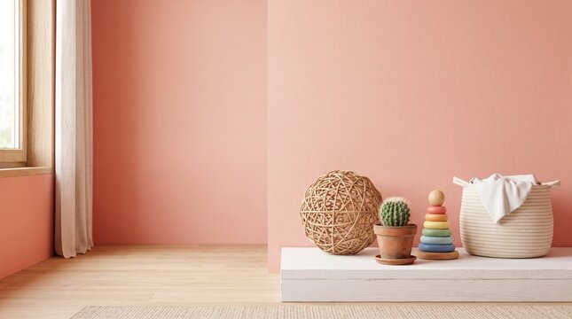 Minimalist interior design of a modern children's room featuring soft pink walls, natural rattan decor, a colorful wooden pyramid stacker toy, and a small potted cactus on a white platform.