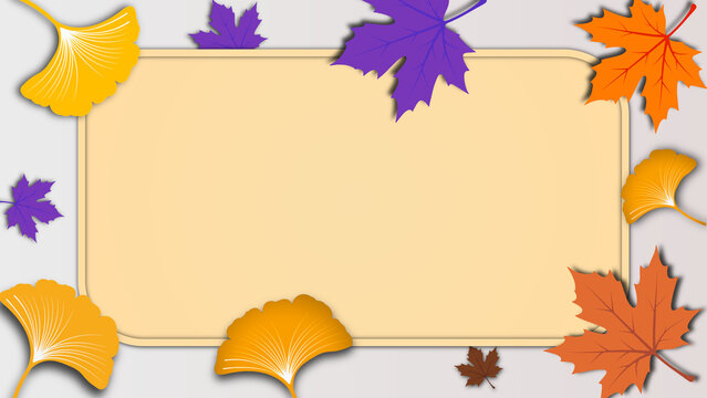 Autumn seasonal background featuring colorful maple and ginkgo leaves surrounding a beige rectangular frame with copy space. Ideal for fall sales, announcements, and greetings.