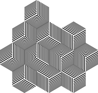 Abstract geometric composition of striped black and white cubes