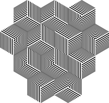 Graphic isometric pattern of black and white striped cubes