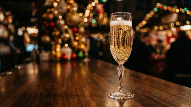 華やかなクリスマスのバーカウンター、ツリーの温かいイルミネーションのボケ光とグラスに注がれた黄金のスパークリングの輝き、祝祭の4Kループ動画
