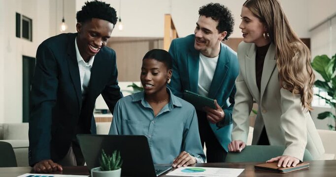 Finance, discussion and people in office with laptop, group feedback and budget analysis in meeting. Happy, collaboration and stats analyst with tech, team insight or forecasting on revenue report