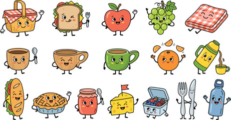 Obraz premium Charming collection of cheerful cartoon picnic food characters featuring smiling sandwiches apples grapes mugs and snacks enjoying a sunny outdoor dining adventure together with fun