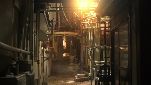 強い明かりに照らされた配管が入り組む温泉街のディープな路地裏のスローモーション
