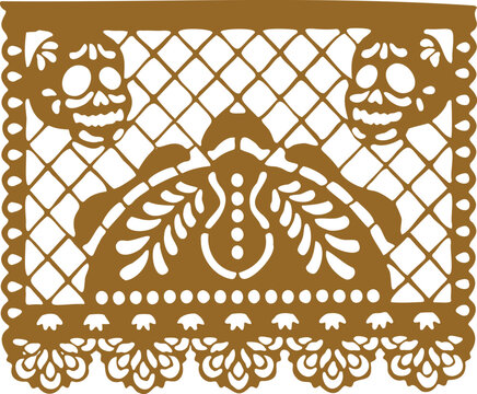 Brown papel picado banner featuring traditional Day of the Dead bread of the dead and calavera skull motifs on white background.