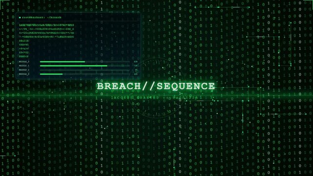 Digital Cyber Security Breach Animation with Green Binary Code and System Warning Text