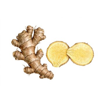 Watercolor ginger root sliced showing yellow interior isolated on white background