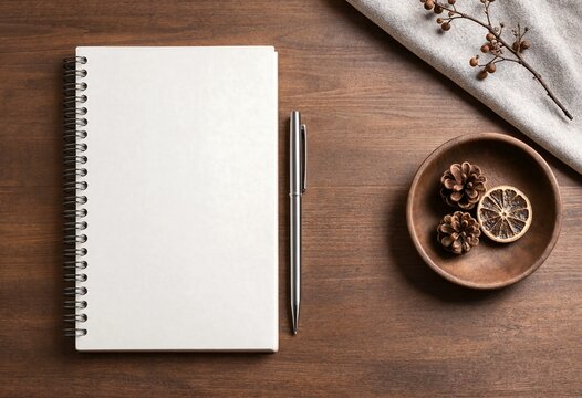 Blank spiral notebook with a silver pen and decorative elements on a wooden table during a calm morning