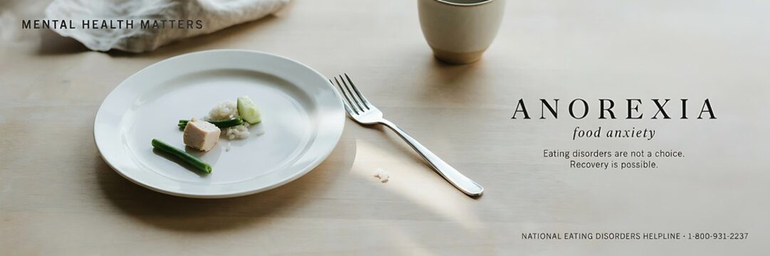 A sparse plate with a few pieces of food sits beside a fork, representing food anxiety and anorexia. The text ANOREXIA food anxiety is prominently displayed.