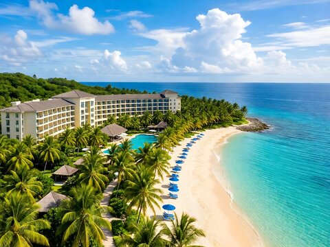 Beautiful tropical resort hotel and island with beach and sea on sky for holiday vacation background concept.