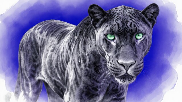 Majestic Black Panther Staring with Striking Green Eyes on Blue Background