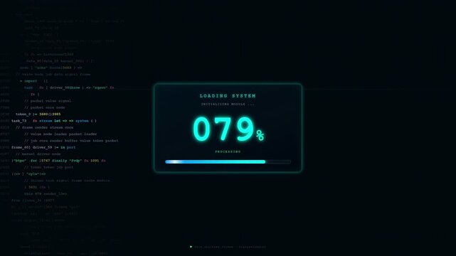 Digital loading screen with percentage progress bar and scrolling computer code on dark background