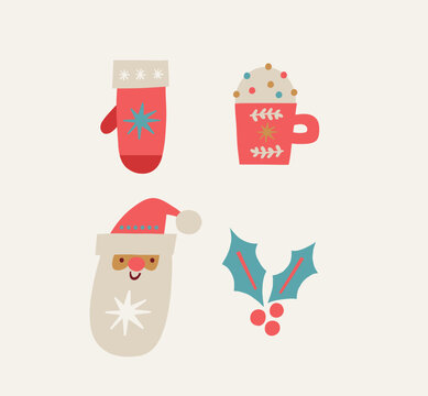 Christmas Hand Drawn vecor print. Festive Holiday clipart. Folk Decor Elements