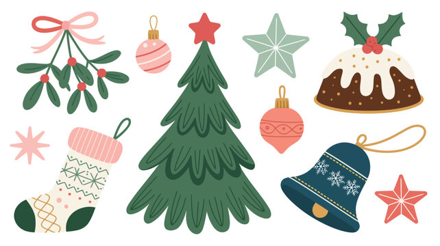 Set of cute christmas elements including a decorated tree, mistletoe, stocking, pudding, bell, and stars