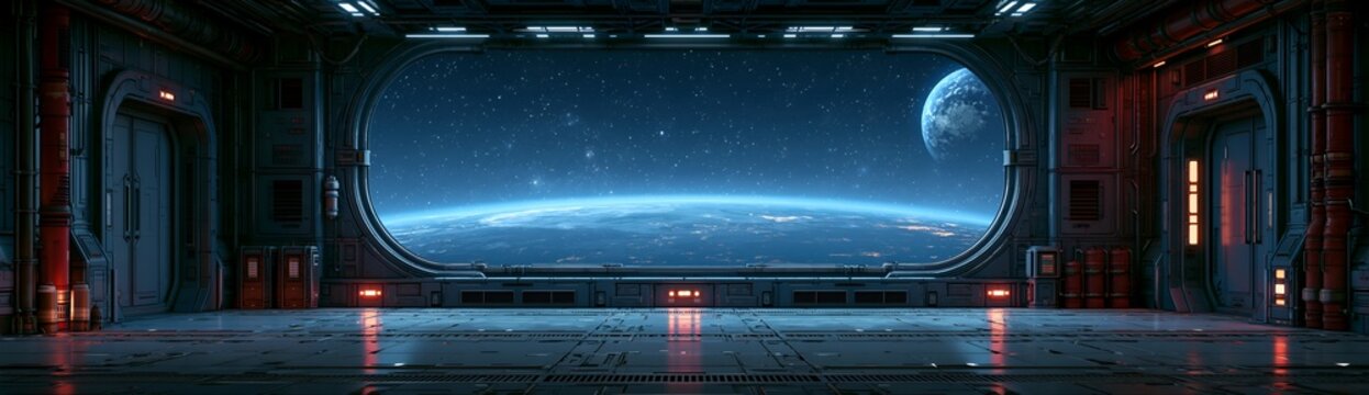 Space station interior with massive viewport overlooking blue planet.