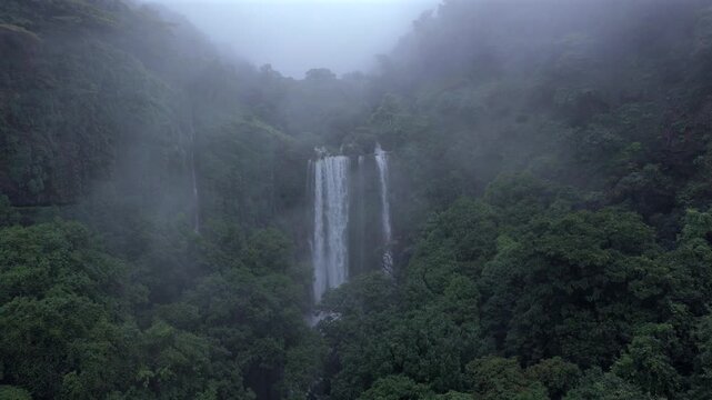 Aerial View of Barki Waterfall Amid Lush Green Forest Kolhapur Maharashtra