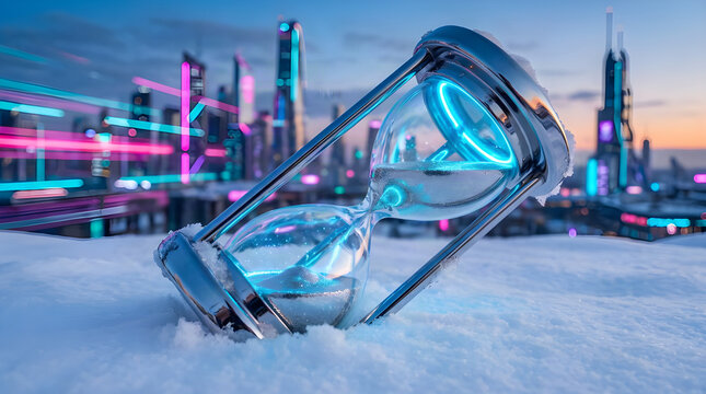 Clear glass hourglass resting on white snow with a blurred futuristic neon city skyline in the background time passing time management hourglass futuristic cityscape deadline snowfall