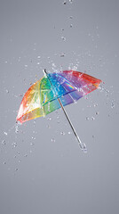 Obraz premium Colorful Rainbow Umbrella in Rain with Splashing Drops