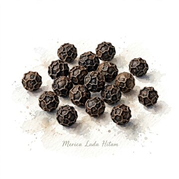 Realistic watercolor black peppercorns merica lada hitam bundle tied with jute rope isolated on white background
