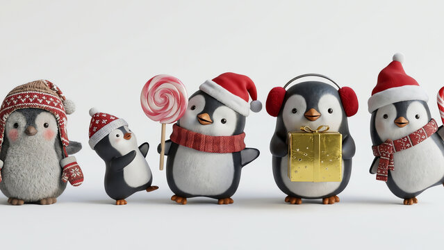 Penguins Wearing Festive Winter Hats and Scarves Posing with Holiday Gifts and a Lollipop Against a White Background for a Cute Christmas Greeting Card Design