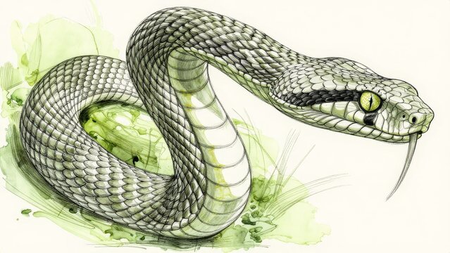 Detailed Artistic Illustration of a Green Snake with Intricate Scales