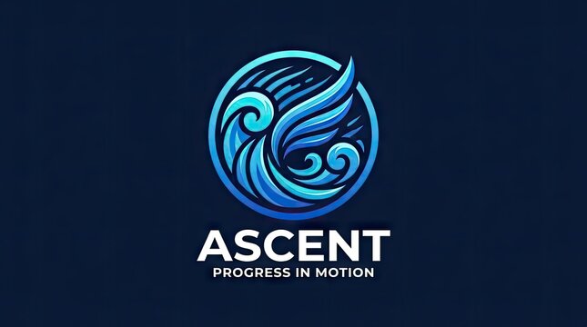 Abstract circular ascent logo with wave and wing motif.