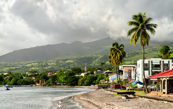 Scenic view of the beach and town of Saint Pierre with Mount Pelee Volcano in the background, Martinique, Caribbean France