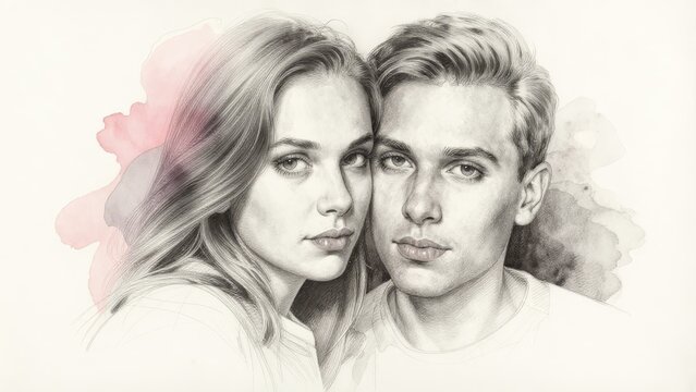 Portrait of a Young Couple with Gentle Expressions in Light Tones