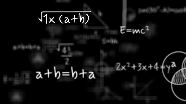 Flying math formula equations overlay. Math equations motion overlay animation with symbols and graphs floating randomly. 4k