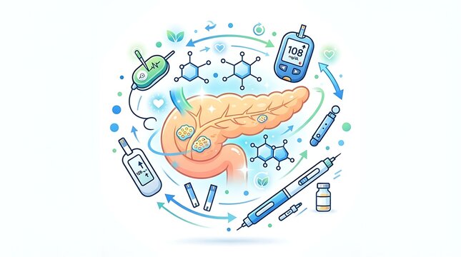 Pancreas and diabetes medical illustration with insulin pen, blood glucose meter, and test strips