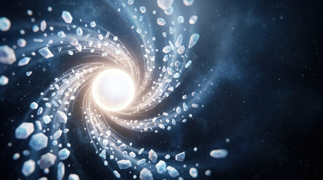 Osteoporosis research concept showing bone mineral fragments swirling around luminous center in deep space