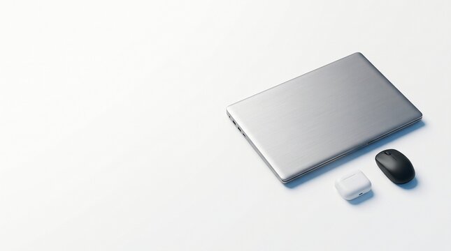A closed laptop with wireless mouse and earbud case on a white surface. Minimal top view leaves generous copy space beside the computer. Modern technology and remote work concept.